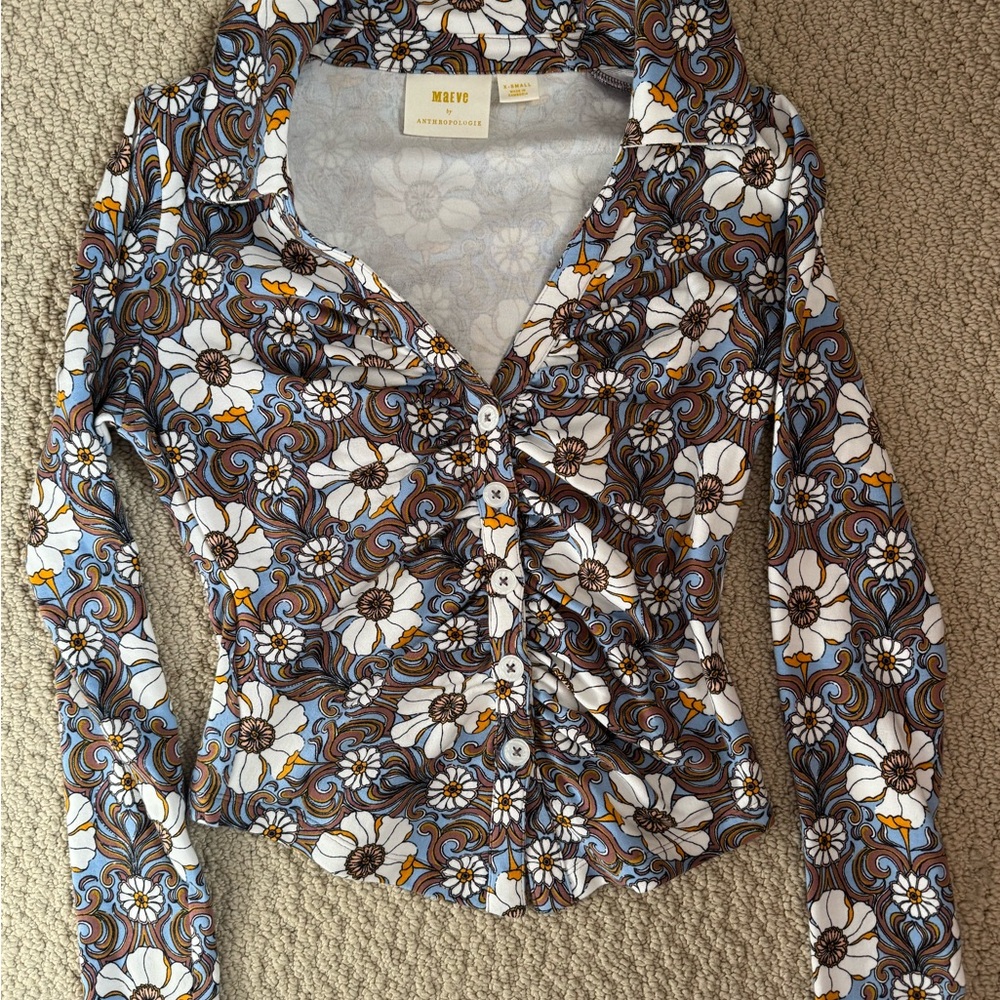 Anthropologie Floral Button-Down Shirt - Blue, Brown, White